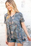 Camo Shark Bite Handkerchief Hem Knit Top (dropship)