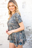 Camo Shark Bite Handkerchief Hem Knit Top (dropship)