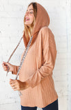 Beige Rib Knit Leopard Print Drawstring Hoodie (dropship)