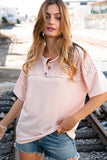 Blush Eyelet Yoke Terry Knit Button Down Top (dropship)