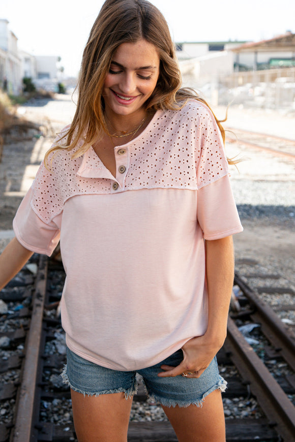 Blush Eyelet Yoke Terry Knit Button Down Top (dropship)