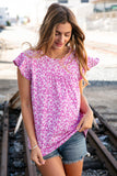 Fuchsia Floral Yoke Ruffle Short Sleeve Top (dropship)