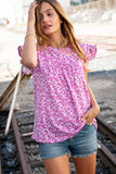 Fuchsia Floral Yoke Ruffle Short Sleeve Top (dropship)