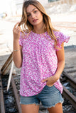 Fuchsia Floral Yoke Ruffle Short Sleeve Top (dropship)