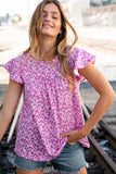 Fuchsia Floral Yoke Ruffle Short Sleeve Top (dropship)