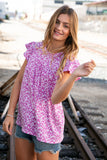 Fuchsia Floral Yoke Ruffle Short Sleeve Top (dropship)