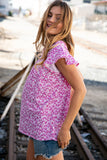 Fuchsia Floral Yoke Ruffle Short Sleeve Top (dropship)