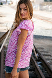 Fuchsia Floral Yoke Ruffle Short Sleeve Top (dropship)