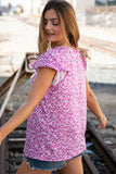 Fuchsia Floral Yoke Ruffle Short Sleeve Top (dropship)