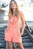 Peach Chiffon Back Tie V Neck Pocketed Romper (dropship)