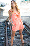 Peach Chiffon Back Tie V Neck Pocketed Romper (dropship)