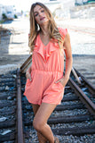 Peach Chiffon Back Tie V Neck Pocketed Romper (dropship)