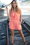 Peach Chiffon Back Tie V Neck Pocketed Romper (dropship)
