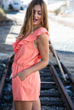 Peach Chiffon Back Tie V Neck Pocketed Romper (dropship)