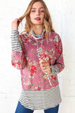 Mauve Floral Stripe Color Block Turtleneck (dropship)