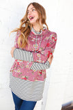 Mauve Floral Stripe Color Block Turtleneck (dropship)
