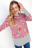 Mauve Floral Stripe Color Block Turtleneck (dropship)