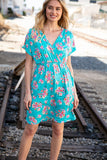 Teal Floral Surplice Elastic Waist Pocketed Dress (dropship)