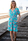 Teal Floral Surplice Elastic Waist Pocketed Dress (dropship)