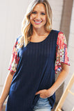 Navy Rib Patchwork Crinkle Flutter Sleeve Knit Top (dropship)