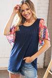 Navy Rib Patchwork Crinkle Flutter Sleeve Knit Top (dropship)