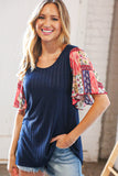 Navy Rib Patchwork Crinkle Flutter Sleeve Knit Top (dropship)