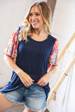 Navy Rib Patchwork Crinkle Flutter Sleeve Knit Top (dropship)