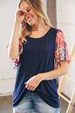 Navy Rib Patchwork Crinkle Flutter Sleeve Knit Top (dropship)