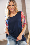 Navy Rib Patchwork Crinkle Flutter Sleeve Knit Top (dropship)