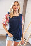 Navy Rib Patchwork Crinkle Flutter Sleeve Knit Top (dropship)