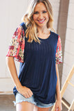 Navy Rib Patchwork Crinkle Flutter Sleeve Knit Top (dropship)