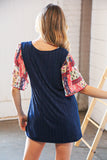 Navy Rib Patchwork Crinkle Flutter Sleeve Knit Top (dropship)