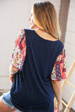 Navy Rib Patchwork Crinkle Flutter Sleeve Knit Top (dropship)