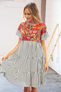 Tropical Floral Yoke Stripe Tiered Color Block Swing Dress (dropship)