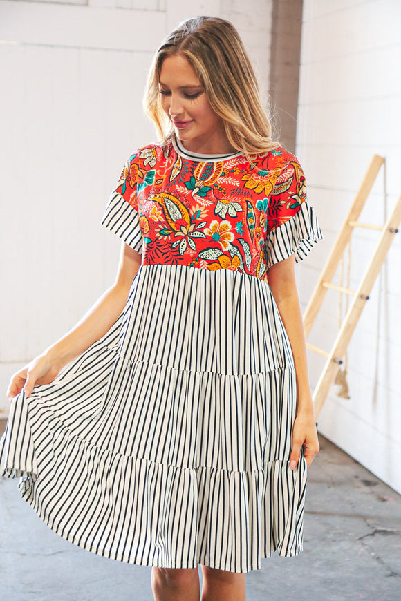 Tropical Floral Yoke Stripe Tiered Color Block Swing Dress (dropship)