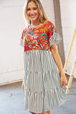 Tropical Floral Yoke Stripe Tiered Color Block Swing Dress (dropship)