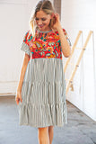 Tropical Floral Yoke Stripe Tiered Color Block Swing Dress (dropship)