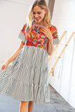 Tropical Floral Yoke Stripe Tiered Color Block Swing Dress (dropship)