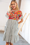 Tropical Floral Yoke Stripe Tiered Color Block Swing Dress (dropship)