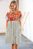 Tropical Floral Yoke Stripe Tiered Color Block Swing Dress (dropship)