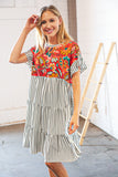 Tropical Floral Yoke Stripe Tiered Color Block Swing Dress (dropship)