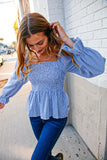 Denim Babydoll Cotton Smocked Woven Blouse (dropship)
