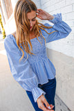 Denim Babydoll Cotton Smocked Woven Blouse (dropship)