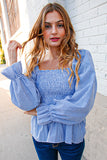 Denim Babydoll Cotton Smocked Woven Blouse (dropship)