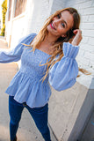 Denim Babydoll Cotton Smocked Woven Blouse (dropship)