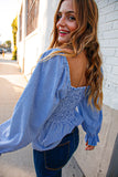Denim Babydoll Cotton Smocked Woven Blouse (dropship)