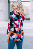 Color Block Crewneck Ruffled Puff Sleeve Blouse