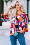 Color Block Crewneck Ruffled Puff Sleeve Blouse