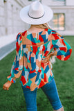Color Block Crewneck Ruffled Puff Sleeve Blouse
