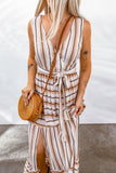 Striped Tie Waist Slit Sleeveless Dress